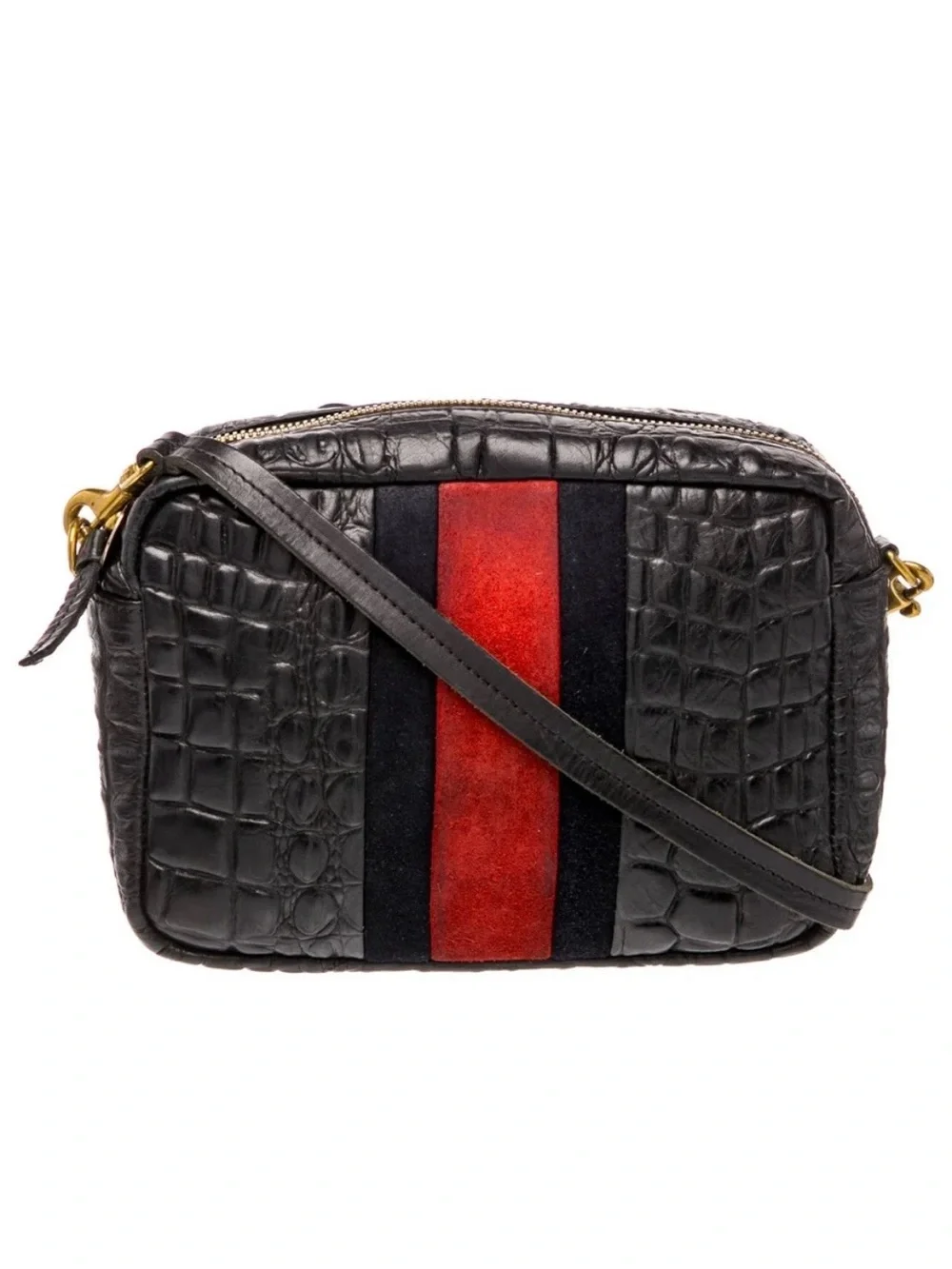 Clare V. Croc-Embossed Black Crossbody Bag with Red Center Stripe